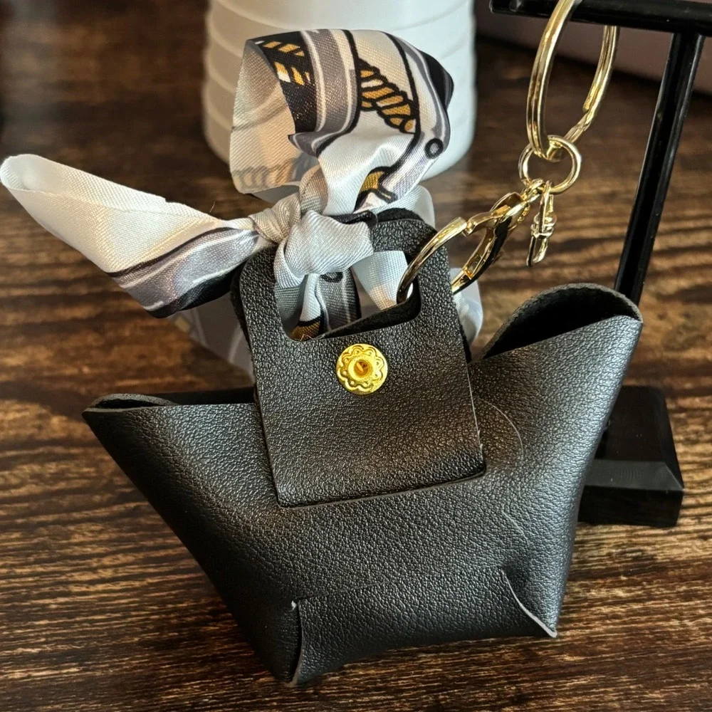 Black Mini Tote Bag Keychain Charm with Scarf Detail and Gold Hardware
